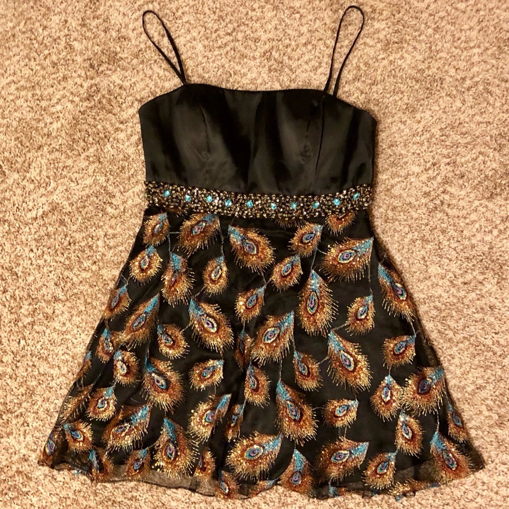 Black and gold satin/chiffon dress w rhinestones